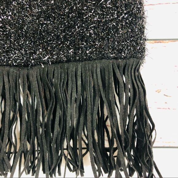 Halston Heritage Metallic Knit Skirt with Faux Leather Fringe Trim Black Sparkle - Picture 3 of 8